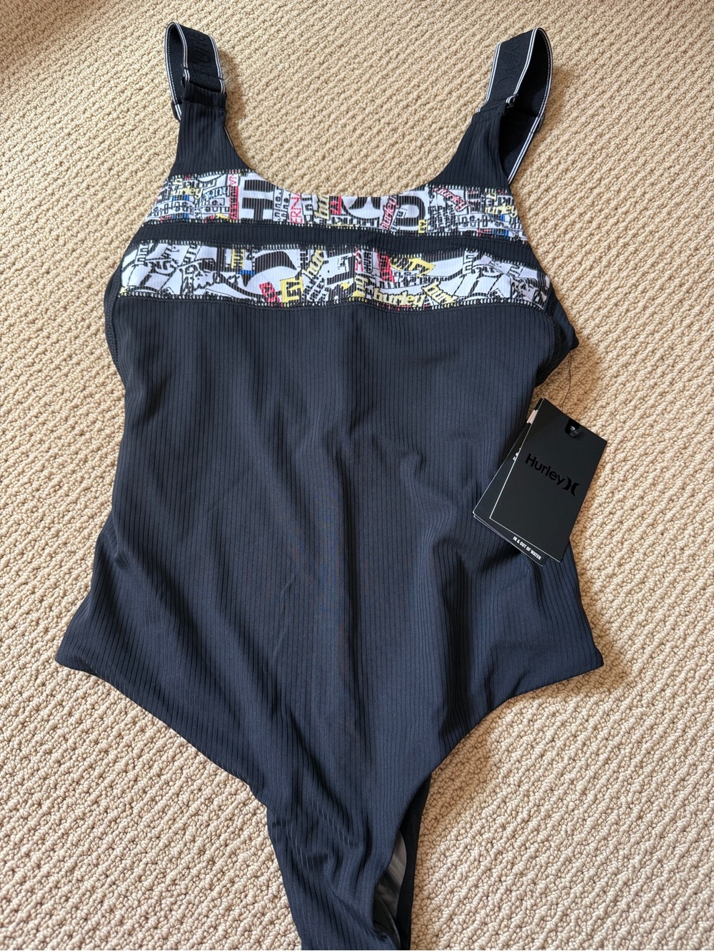 Hurley Black Ribbed One-Piece with Graphic Bust Band and Adjustable Straps